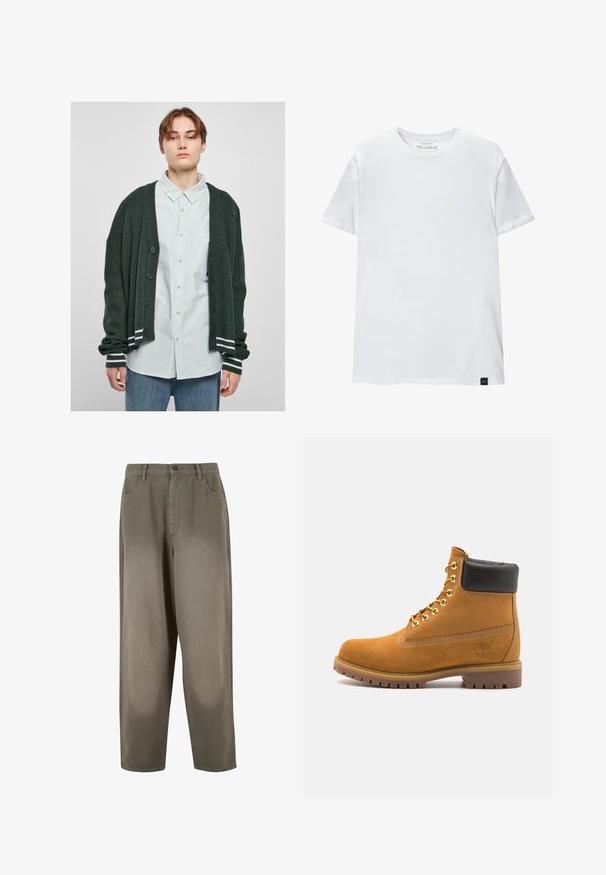 Sötétzöld kötött kardigán bordázott textúrával, gombos elülső résszel, fehér csíkos részletekkel a mandzsettákon, világos csíkos ing fölött viselve.; Fehér, izmos szabású póló, tiszta pamutból készült. Kerek nyak, rövid ujjú, sima tapintású. Kis fekete logó címke az alsó szegélyen. Egyszerű dizájn.; Világoszöld, bő szárú nadrág puha anyagból. Gombos záródással, elülső zsebekkel és sima, átfogó textúrával rendelkezik.; Barna velúr bokacipő fekete párnázott gallérral, arany fém fűzőlyukakkal, fehér varrási részletekkel és durva gumitalppal, amelynek kifejezett barázdái vannak.