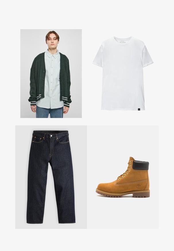 Donkergroene gebreide cardigan met ribbeltextuur, voorzien van een knoopsluiting aan de voorkant, witte gestreepte accenten op de manchetten, gedragen over een lichtgestreept shirt.; Witte spiergetailleerde t-shirt van katoen. Ronde hals, korte mouwen, gladde textuur. Klein zwart logo-label aan de zoom. Eenvoudig ontwerp.; Donkerblauwe denim jeans met een rechte snit, vijf zakken, contrasterende oranje stiksels en een knoopsluiting. Geen zichtbare patronen of versieringen.; Tan suède enkelboot met zwart gevoerd kraagje, gouden metalen oogjes, witte stikdetails en een robuuste rubberen zool met uitgesproken profiel.