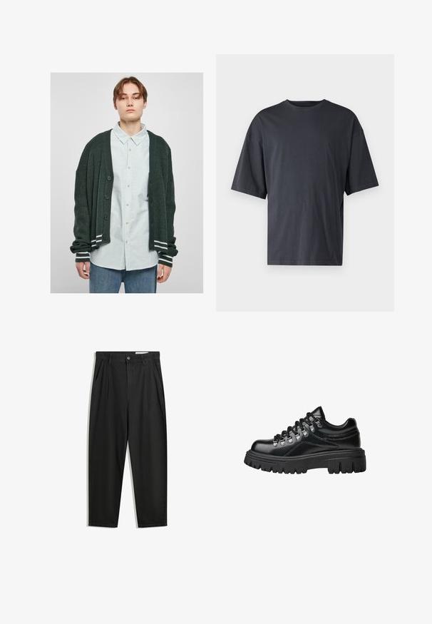 Dark green knitted cardigan with ribbed texture, featuring a button-down front, white striped accents on the cuffs, worn over a light striped shirt.; Dark gray short-sleeve t-shirt made of lightweight cotton, featuring a loose fit and classic crew neckline, with plain texture and no patterns.; Black cotton trousers with a relaxed fit, featuring a classic waistband, front pleats, and side pockets. Smooth texture without patterns.; Black chunky sole leather hiking shoe with metal eyelets and thick black laces, side view on white background.