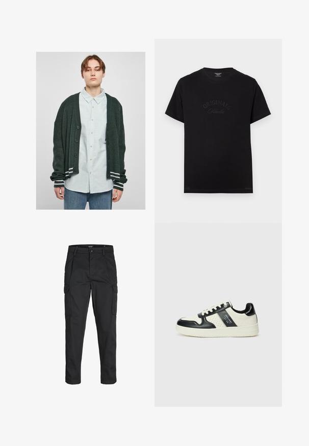 Dunkelgrüner Strickcardigan mit gerippter Textur, mit durchgehender Knopfleiste, weißen Streifenakzenten an den Bündchen, getragen über einem hell gestreiften Hemd.; Schwarzes Baumwoll-T-Shirt mit kurzen Ärmeln und rundem Halsausschnitt. Auf der Vorderseite befindet sich der Schriftzug "ORIGINALS Studio" in eingeprägten, tonalen Buchstaben.; Schwarze Cargo-Hose aus robustem Material, mit mehreren Taschen, einem Knopfverschluss und einem Slim-Fit-Design mit schmal zulaufenden Beinen.; Leder-Sneaker in Schwarz- und Cremetönen, mit perforierten Akzenten, einem gepolsterten Kragen und einer strukturierten Laufsohle.