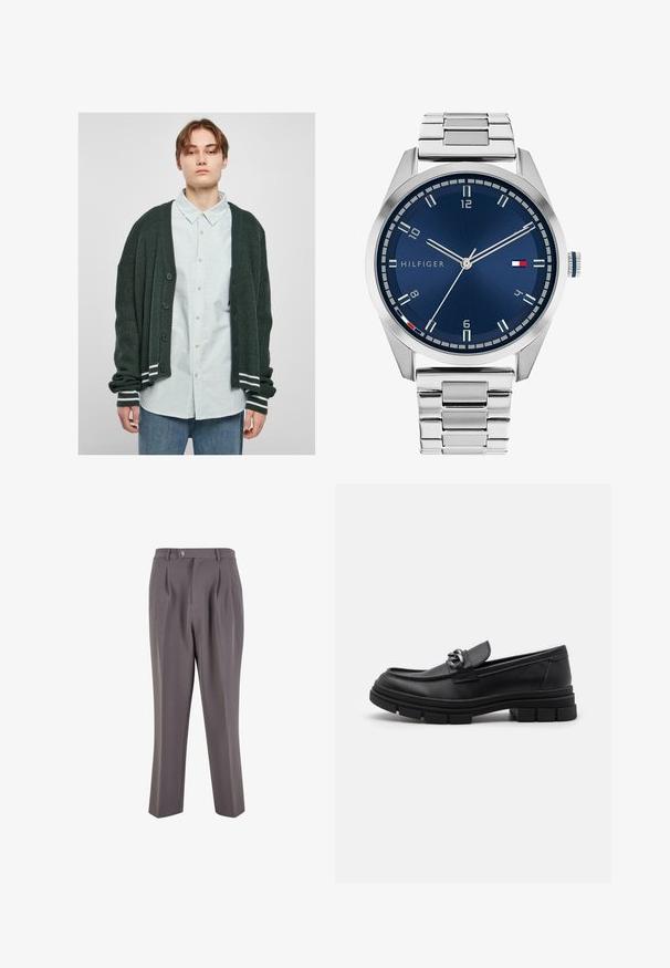 Dunkelgrüner Strickcardigan mit gerippter Textur, mit durchgehender Knopfleiste, weißen Streifenakzenten an den Bündchen, getragen über einem hell gestreiften Hemd.; Braunes Poloshirt aus glattem Stoff, mit einem Reißverschlusskragen, kurzen Ärmeln und einer taillierten Passform. Keine Muster oder Verzierungen sichtbar.; Graue, plissierte Hose aus glattem Stoff mit geradem Bein, einem einzigen Knopfverschluss und schrägen Seitentaschen.; Schwarzer Lederloafer mit runder Zehenform, einem dekorativen Riemen und Hardware sowie einer robusten, strukturierten Sohle. Glatte Oberfläche mit dezenten Details.; Silberne Metall-Uhr mit einem gebürsteten blauen Zifferblatt, weißen Stundenmarkierungen und einem Datumsanzeiger. Verfügt über ein verlinktes Metallarmband und ein Markenlogo.