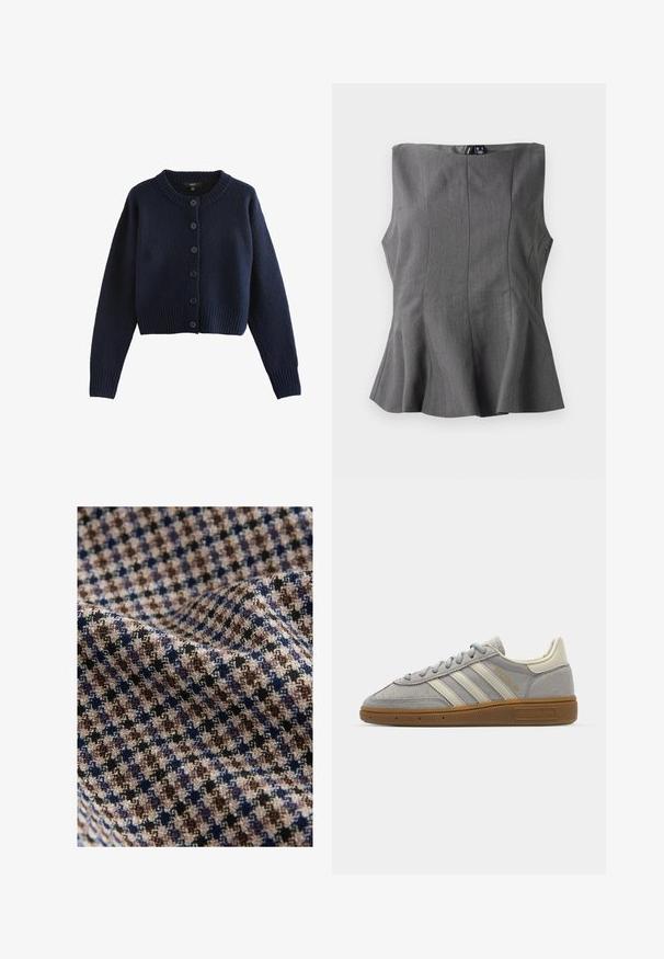 Dunkelnavyblauer Strickcardigan mit langen Ärmeln, rundem Halsausschnitt, gerippten Bündchen und Saum sowie sechs Vorderknöpfen.; Graues Peplum-Top mit strukturiertem, ärmellosem Design. Hergestellt aus glattem Stoff, mit senkrechten Nähten und geradem Halsausschnitt.; Textil mit kariertem Muster in Beige, Braun, Marineblau und Schwarz mit strukturierter Oberfläche. Weiches und fallendes Erscheinungsbild.; Graue Wildledersneaker mit hellgrauen Lederstreifen und einer Sohle aus Gummi. Zu den Merkmalen gehören eine Schnürung und dezente Markenkennzeichnung auf der Zunge.