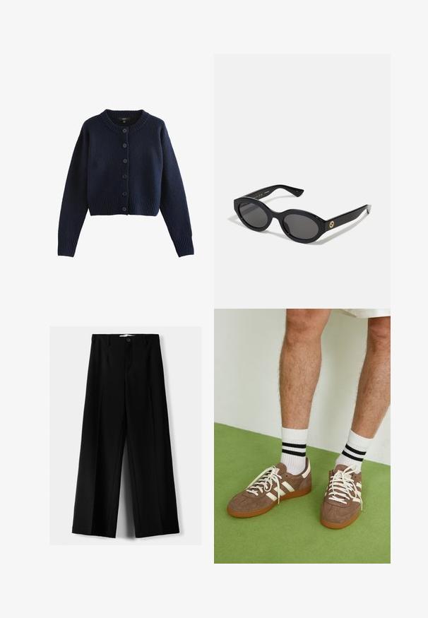 Cardigan a maglia di un blu navy scuro con maniche lunghe, scollo rotondo, polsini e orlo a costine, e sei bottoni frontali.; Canotta senza maniche di colore azzurro chiaro realizzata in morbido tessuto di cotone. Presenta un colletto tondo e bordi lisci, senza pattern o dettagli visibili.; Pantaloni neri a gamba larga realizzati in tessuto leggero, caratterizzati da una chiusura frontale con bottone e frontale piatto, con orli cuciti con precisione.; Sneaker in suede marrone con dettagli e lacci bianchi. Suola in gomma color gomma. Indossati con calzini bianchi con righe nere. Pavimento verde texturizzato.; Occhiali da sole neri a forma ovale con lenti scure e montatura in plastica lucida. Presentano un logo dorato sulla stanghetta, offrendo un design elegante e moderno.