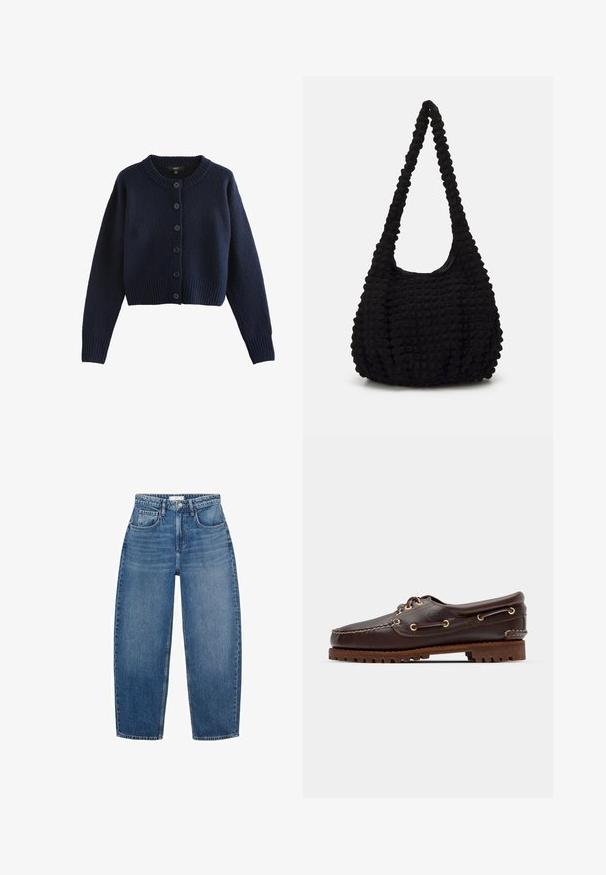 Tummansininen neulecardigan pitkillä hihoilla, pyöreällä kaula-aukkolla, resoroiduilla hihansuilla ja helmoilla sekä kuudella etupainikkeella.; Ruskea pitkähihainen polo-paita, jossa on vaakasuoria valkoisia raitoja, kontrastivalkoinen kaulus ja kolmen napin nappilista. Pehmeä kangas.; Korkeavyötäröiset siniset farkut suoralla lahkeella, joissa on viisi taskua, vyölenkit ja hienovarainen kuluminen tekstuurin lisäämiseksi.; Ruskeaharmaat nahkaiset venesandaalit kultaisilla silmärei'illä, pyöreällä nauhalla ja teksturoidulla ruskealla kumipohjalla. Sisältää kirjontayksityiskohtia ja kohotetun logon.; Musta teksturoitu kangaskassi, jossa on yksi kierretty hihna, paksuhko muoto ja rypytetty pinnan suunnittelu.