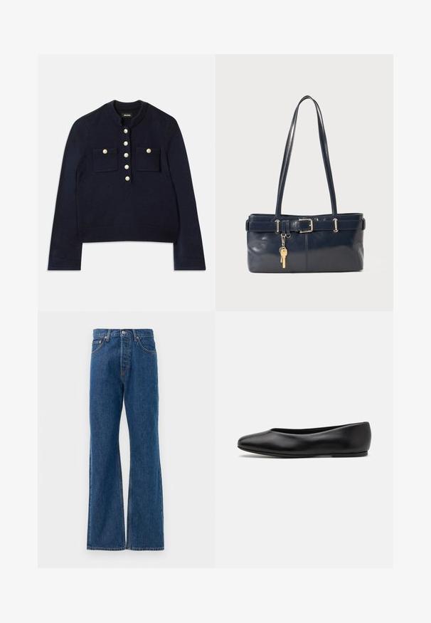 Mornarsko plavi pulover s okruglim izrezom, dugim rukavima i dva džepa na prsima. Ima zlatne dugmadi duž prednje strane za zatvaranje. Mekana tekstura.; Prugasta košulja dugih rukava s bijelom podlogom, koja ima uske višebojne pruge u plavoj, narančastoj i zelenoj boji. Klasični ovratnik.; Plave traperice s flared krojem i visokim strukom, sa pet džepova, srebrnim zatvaranjem na dugme i vidljivim šavovima.; Paul Smith TOPANGA - Balerinke - black; Morska kožna torbica s dva duga ramena, detaljem kopče i privjeskom za ključeve. Ima glatku teksturu i pravokutni oblik.