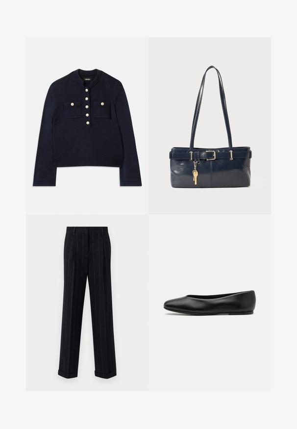 Navy blue sweater with a round neckline, long sleeves, and two chest pockets. Features gold buttons along the front for closure. Soft texture.; Striped button-up shirt with a white base, featuring narrow multi-colored lines in blue, orange, and green. Long sleeves and a classic collar.; Black pinstriped trousers with a tailored fit, featuring a cuffed hem and front pleats. Made of smooth fabric with a structured design.; Paul Smith TOPANGA - Ballet pumps - black; Navy leather handbag with two long handles, a buckle detail, and a keychain attached. Features a smooth texture and a rectangular shape.