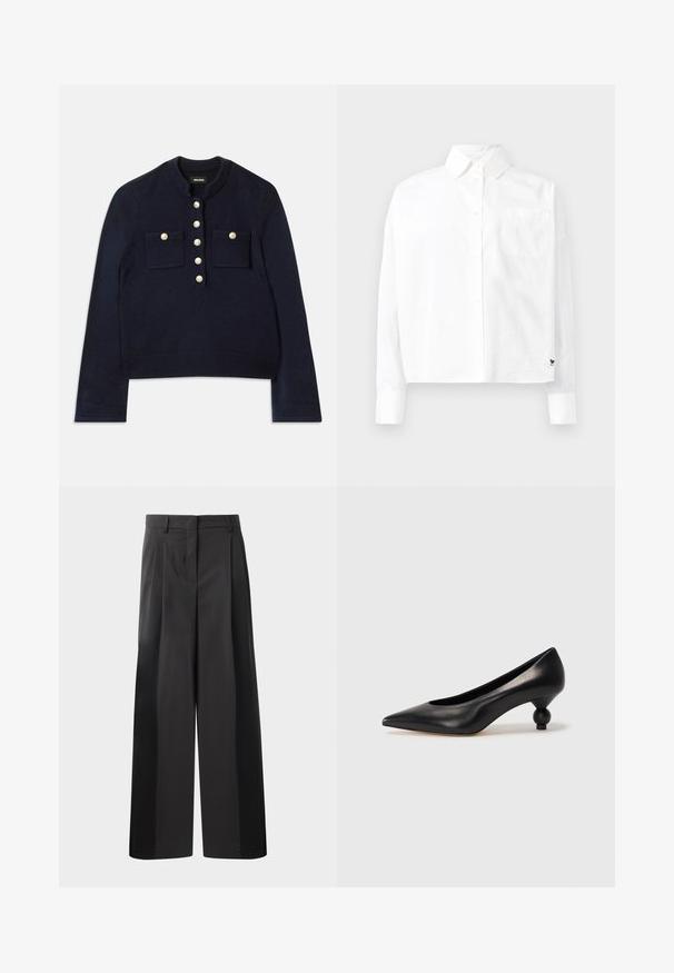 Mörkblå tröja med rund halsringning, långa ärmar och två bröstfickor. Har guldknappar fram för stängning. Mjuk textur.; Vit långärmad skjorta med knappar och spetsig krage, en bröstficka och manschetter med knappar. Tillverkad av ett mjukt och lätt tyg.; Svarta byxor med vida ben och hög midja, med framveck, en slät textur och en skräddarsydd finish. Designade för en avslappnad passform.; Svart läderhögklackad sko med spetsig tå och rund, bollformad klack. Slät yta med en elegant, minimalistisk design.