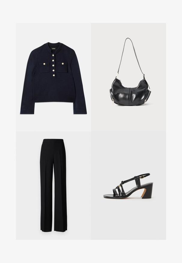 Tamsiai mėlynas megztinis su apvaliu iškirpimu, ilgomis rankovėmis ir dviem krūtinės kišenėmis. Priekyje užsegamas auksinėmis sagutėmis. Minkštas paviršius.; Juoda ilgomis rankovėmis palaidinė su apvalia iškirpte, pagaminta iš lygaus, elastingo audinio. Paprastas dizainas, be matomų raštų ar akcentų.; Juodi platūs kelnių kelnės su lygiu paviršiumi, turinčios aukštą liemenį ir centrinės raukšlės. Nėra matomų raštų ar metalinių detalių.; Paul Smith AMIRA - Klasikiniai aukštakulniai - black; Juodas odinis pusmėnulio formos peties krepšys su sidabriniais užtrauktukais abiejuose šonuose ir vienu dirželiu.