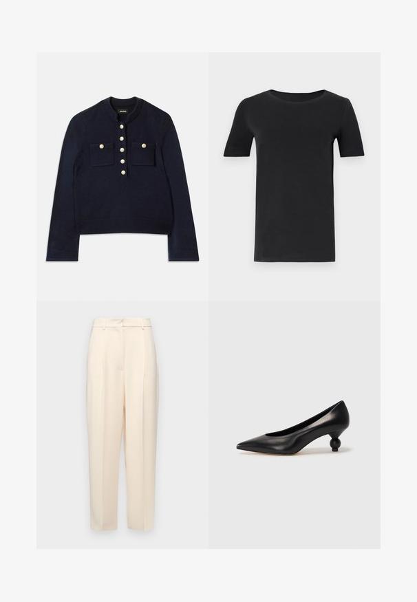 Dunkelblauer Pullover mit Rundhalsausschnitt, langen Ärmeln und zwei Brusttaschen. Verfügt über goldene Knöpfe an der Vorderseite zur Verschluss. Weicher Stoff.; Schwarzes T-Shirt mit kurzen Ärmeln aus weicher Baumwolle, mit rundem Halsausschnitt und klassischer Passform. Glatte Textur, ohne Muster oder Verzierungen.; Beige maßgeschneiderte Hose mit geradem Schnitt, mit Falten an der Vorderseite, einer glatten Textur und einer mittelhohen Taille. Keine sichtbaren Taschen.; Schwarze Leder-Pumps mit spitzem Zehenbereich und runder, ballförmiger Ferse. Glatte Textur mit einem eleganten, minimalistischen Design.