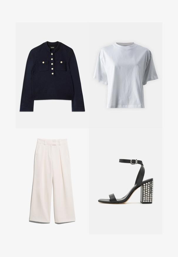 Maglione blu navy con scollatura rotonda, maniche lunghe e due tasche sul petto. Presenta bottoni dorati lungo la parte anteriore per la chiusura. Texture morbida.; IVY OAK KYLA - T-shirt basic - bright white; Pantaloni a gamba larga di un colore crema chiaro, realizzati in tessuto morbido con due tasche frontali e cuciture visibili sulla vita.; Infradito in pelle nera con tacco e cinturino alla caviglia. Presentano una punta quadrata, una texture liscia e un tacco a blocco quadrato adornato con borchie in argento.