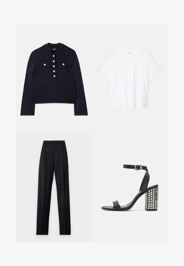 Tummansininen neulepaita, jossa on pyöreä pääntie, pitkät hihat ja kaksi rintataskua. Edessä kultaiset napit kiinnitystä varten. Pehmeä rakenne.; Valkoinen puuvillapaita lyhyillä hihoilla, pyöreällä pääntiellä, rentoa tyyliä ja ommeltu helma. Tunniste näkyvissä sisäkauluksessa.; Musta housut, jotka on valmistettu sileästä kankaasta ja joissa on korkea vyötärö, leveät lahkeet, etukaarteet ja klassiset vyölenkit. Ei näkyviä sivutaskuja.; Musta nahkainen korkokenkä, jossa on nilkkaremmi. Kuvastaa neliönmuotoista varvasta, sileää pintaa ja neliönmuotoista paksua korkoa, joka on koristeltu hopeisilla niiteillä.