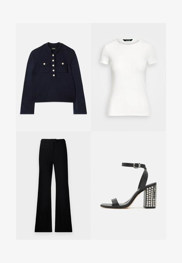 Tumši zilas krāsas džemperis ar apaļu kakla izgriezumu, garām piedurknēm un divām krūšu kabatām. Priekšpusē ir zelta pogas aizdarei. Mīksta tekstūra.; Balts kokvilnas T-krekls ar īsām piedurknēm, apaļu kaklu, pieguļošu dizainu un gludu tekstūru. Logo birka pie kakla.; Melnas paplašinātas bikses ar gludu tekstūru, pielāgotu jostasvietu un priekšējām kabatām, veidotas ar elegantu, mūsdienīgu siluetu.; Melnas ādas augstpapēžu sandales ar potītes siksniņu. Ievērojama kvadrāta formas purngala, gluda tekstūra un kvadrātveida bloka papēdis, kas rotāts ar sudraba kniedēm.
