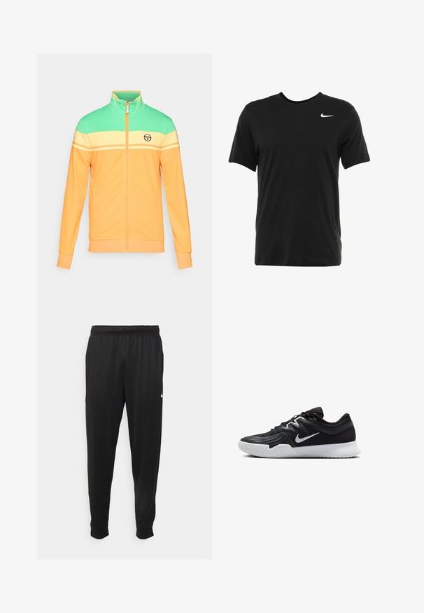 Treningsjakke i oransje, grønt og gult fargeblokker. Glidelås foran, høy krage og logo detalj på brystet. Myk stofftekstur.; Svart korteermet T-skjorte laget av bomull med rund hals. Har et lite hvitt Nike-logo på øvre venstre bryst.; Svarte treningsbukser laget av glatt stoff, med elastisk midje, smale ben og en liten hvit logo på venstre side.; Svart treningssko med teksturert overdel, hvit Nike-swoosh og hvit gummisåle. Har snøring og en dynamisk form.