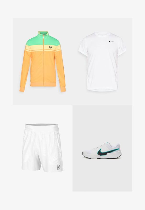 Träningsjacka i orange, grön och gul färgblock. Dragkedja framtill, hög krage och logotypdetalj på bröstet. Mjuk tygtextur.; Vit kortärmad Nike-t-shirt i slät syntetisk material, med en svart logotyp på vänster sida av bröstet.; Vita idrottsshorts tillverkade av lätt tyg med resårmidja, med två sidofickor och en liten svart logotyp på fållen.; Vit idrottssko med texturerat mesh-övre, svart gummisula och turkosa Nike-logga som accent. Har snören och vadderad krage.