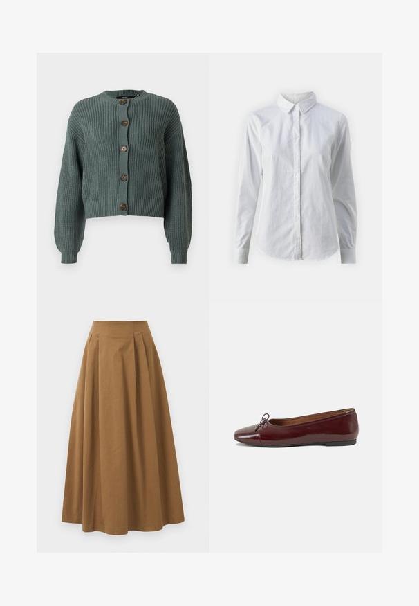 Zastrihnutý zelený pletený kardigan s dlhými rukávmi, so zaobleným výstrihom a piatimi hnedými gombíkmi na prednej strane. Textúrovaný rebrovaný dizajn.; Biela košeľa s gombíkmi vyrobená z hladkej bavlny, s klasickým golierom, dlhými rukávmi a zakriveným lemom. Gombíky sú malé a biele.; Hnedá bavlnená sukňa A-línie s vysokým pásom, so skladmi vpredu a hladkou textúrou. Hranice sú čisté a jednoduché.; Burgundské lakované balerínky s okrúhlou špičkou, malou mašľou na prednej strane a nízkou čiernou gumovou podrážkou. Hladký povrch.