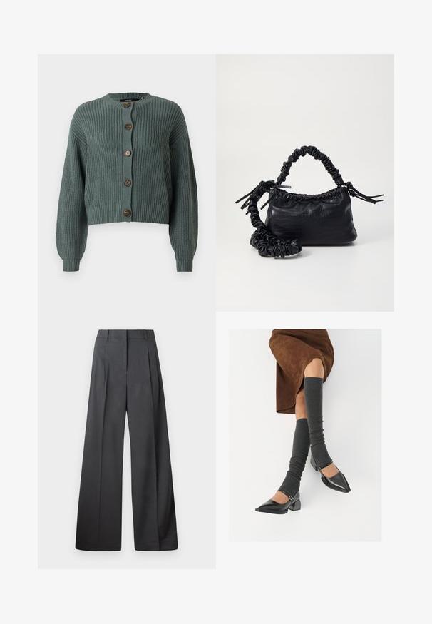 Cárdigan verde de punto recortado con mangas largas, con un cuello redondo y cinco botones marrones en la parte delantera. Diseño texturizado de canalé.; Camisa blanca de botones hecha de algodón suave, con un cuello clásico, mangas largas y un dobladillo curvado. Los botones son pequeños y blancos.; Pantalones de pierna ancha en tejido gris oscuro, con una cintura alta, pliegues simples y una textura suave con un acabado limpio en los dobladillos.; Zapatos de charol negros con punta afilada, tacón bloque y tira de tobillo, combinados con calentadores de piernas de canalé grises y una falda de ante marrón.; Bolso de mano de imitación cuero negro con textura de cocodrilo, parte superior fruncida y correa arrugada. Presenta un diseño suave y compacto.