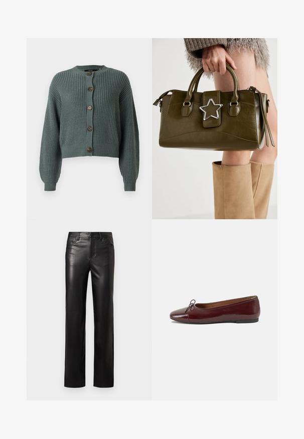 Kratka zelena pletena jopica z dolgimi rokavi, ki ima okroglo izrez in pet rjavih gumbov spredaj. Teksturni rebrasti dizajn.; Siva kratki majica iz mehkega bombažnega blaga. Okrogli izrez, sproščen kroj z gladko teksturo in minimalnim dizajnom.; Črne usnjene hlače s ravnim krojem, z gumbnim zapiranjem in sprednjimi žepi. Gladka površina z diskretnimi šivi.; Burgundska patenti usnjeni baletni čevlji z zaobljenim prstom, majhnim lokom na sprednji strani in nizkim črnim gumijastim podplatom. Gladka tekstura.; Olivnozeleno usnjeno ročno torbico z srebrno zvezdo, dvema ročajema in zadrgo. Teksturna površina in strukturirana oblika.