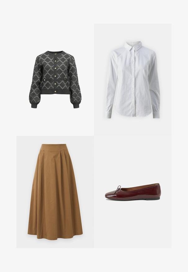 Grauer gestrickter Cardigan mit Rautenmuster, Rundhalsausschnitt, Knopfverschluss, zwei Fronttaschen und gerippten Bündchen und Saum. Knöpfe in Goldoptik.; Weißes Hemd mit Knöpfen, aus glattem Baumwollstoff, mit klassischem Kragen, langen Ärmeln und abgerundetem Saum. Die Knöpfe sind klein und weiß.; Brauner Baumwoll-A-Linien-Rock mit hoher Taille, der vorne Falten aufweist und eine glatte Textur hat. Der Saum ist sauber und einfach verarbeitet.; Burgunderfarbenes, lackiertes Ballettschuh mit abgerundetem Zehenbereich, kleiner Schleifenakzent vorne und einer niedrigen, schwarzen Gummisohle. Glatte Textur.