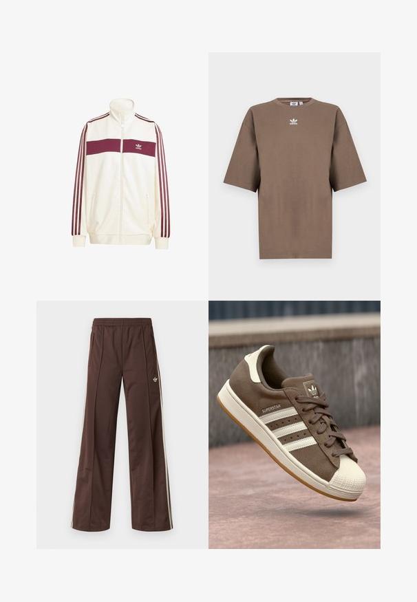 Fehér tréningdzseki magas gallérral, bordó vízszintes csík a mellkason, bordó háromcsíkos díszítések az ujjakon, cipzáras zsebek.; Barna pamut póló rövid ujjakkal, kerek nyakkal és fehér Adidas logóval a mellkason, egyszerű dizájnnal és laza szabással.; Barna sportnadrág széles szárú kialakítással, fehér oldalsávokkal, rugalmas derékpánttal és két oldalzsebbel. Kis logó található a lábon.; Barna velúr sportcipő fehér csíkokkal, krém színű kiegészítőkkel és gumis orral. Csipkés kialakítással és texturált gumi talppal rendelkezik.