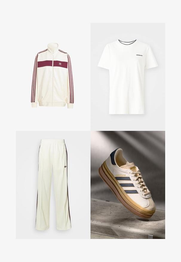 Hvid trackjakke med høj krave, maroon vandret stripe over brystet, maroon tre-strips accenter på ærmerne, lynlåslommer.; Hvid bomulds t-shirt med korte ærmer og rund halsudskæring. Har et sort Adidas-logo på brystet og en kontrasterende sort indvendig krave.; Cremefarvede sweatpants med en afslappet pasform, der har mørkebrune sidelister og et broderet logo på venstre lår.; Adidas Gazelle sneaker med en creme farvet ruskindsoverdel, blå læderdetaljer, tre blå striber, beige mellemsål og brune gummisål.