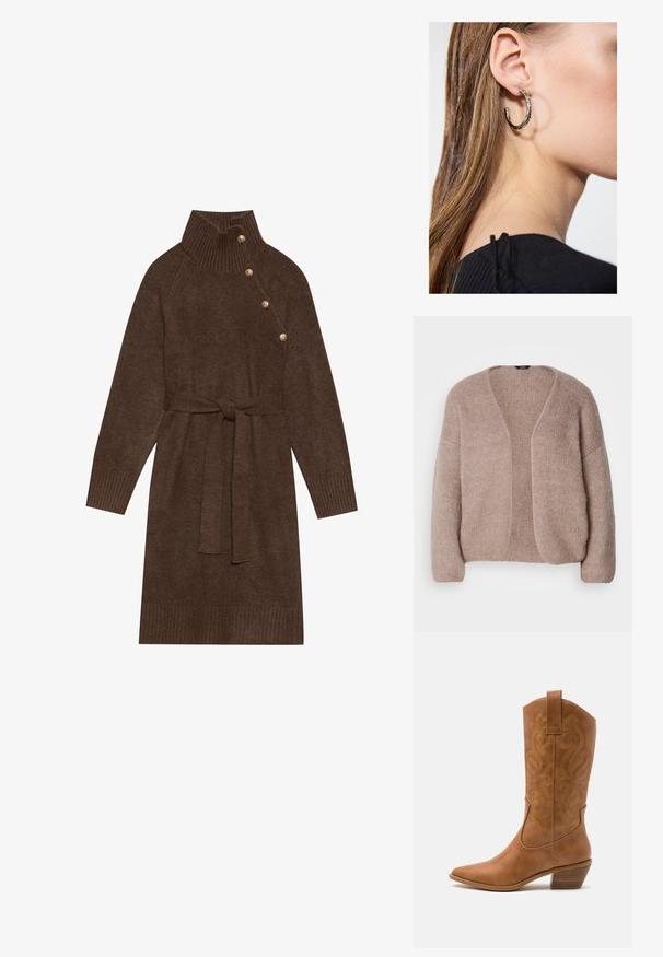 Beige gestrickte Strickjacke mit V-Ausschnitt, weiten Ärmeln und offenem Design. Weicher Stoff mit einem leicht groben Strickmuster.; Braunes Strickkleid mit hohem Rippkragen, seitlichen Knöpfen und einem passenden Stoffgürtel. Rippbündchen und der Saum sorgen für Struktur.; Braune Leder-Cowboy-Stiefel mit spitzem Zehenbereich, bestickten Wirbelmustern am Schaft und einem gestapelten Blockabsatz. Verfügt über einen Ziehriemen für das einfache Anziehen.; Silberne Creolen mit polierter Oberfläche, die kleine goldene Akzentdetails und eine runde Form aufweisen, am Ohrläppchen getragen.