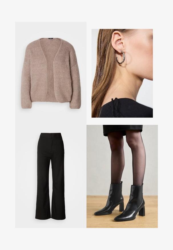 Beige gebreide cardigan met een V-hals, wijdere mouwen en een open voorkant. Zachte textuur met een iets chunky breipatroon.; Zwarte tanktop gemaakt van zachte, rekbare stof. Heeft een ronde halslijn en brede schouderbanden, met een aansluitende snit en een gladde textuur.; Zwarte wijde broek met een gladde textuur, hoge taille en een strakke uitstraling. Geen zichtbare zakken of versieringen.; Zwarte leren enkellaarsjes met een spitse neus, stevige vierkante hak en een fraaie uitstraling. Beschikt over elastische zijpanelen voor gemakkelijke aan- en uittrekken.; Zilveren oorbel met een gepolijste afwerking, met kleine gouden accentdetails en een ronde vorm, gedragen op de oorlel.