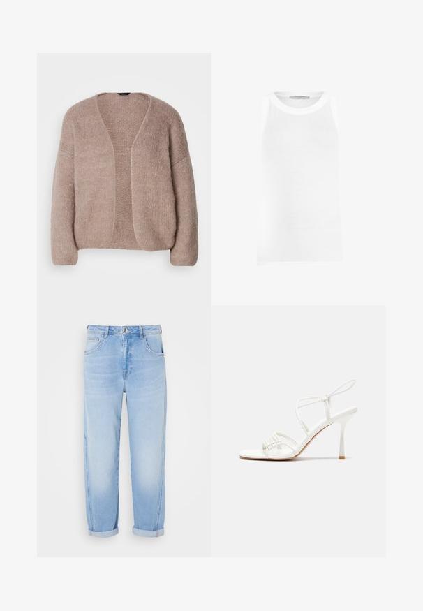 Beige gestrickte Strickjacke mit V-Ausschnitt, weiten Ärmeln und offenem Design. Weicher Stoff mit einem leicht groben Strickmuster.; Weißes ärmelloses Tanktop aus geripptem Stoff, mit Rundhalsausschnitt und nahtlosen Kanten für eine glatte Passform.; Helles blaues Denim mit hoher Taille, geradem Schnitt, umgeschlagenen Säumen und Fünf-Taschen-Design. Leicht ausgebleichte Textur mit sichtbaren Nähten.; Weiße, geschnallte High-Heel-Sandalen mit flacher Zehenbasis, strukturiertem Vorderteil mit gerafften Akzenten und schlankem Knöchelriemen.