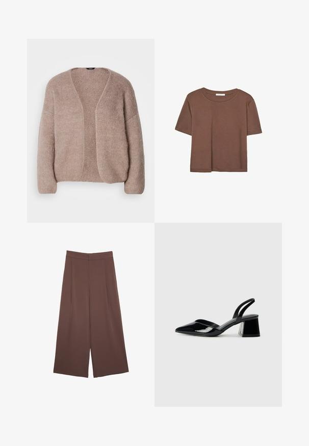 Beige strikket cardigan med V-hals, brede ærmer og åben front. Blød tekstur med et let chunky strikkemønster.; Brun kortærmet t-shirt lavet af blødt stof, med rund halsudskæring og afslappet pasform. Ingen synlige mønstre eller detaljer.; Brune bredbunde bukser med en glat tekstur, der har høj talje og plisseringer foran. Stoffet er let og falder løst.; Sorte patentlæder slingback hæle med spids tå og en geometrisk blok hæl. Har et elegant, minimalistisk design og en glat tekstur.