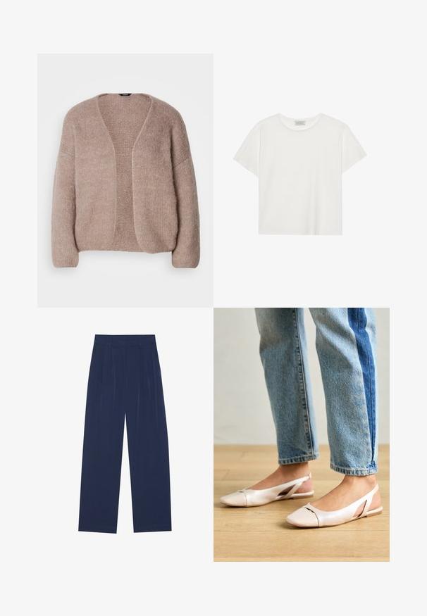 Bež pleteni kardigan s V-izrezom, širokim rukavima i otvorenim prednjim dijelom. Mekana tekstura s blagim čvrstim pletenjem.; Bijela kratkodlaka majica od mekog pamuka. Ima okrugli izrez i opušteni kroj. Čist dizajn bez vidljivih uzoraka ili akcenata.; Tamno plave hlače širokih nogavica, izrađene od mekog materijala, s prednjim nabora, glatke teksture i ravnog kroja bez vidljivih džepova.; Svijetlo ružičaste slingback balerinke s šiljastim vrhom, izrađene od glatkog materijala nalik koži. Sadrže izrezane detalje sa strane i ravnu petu.