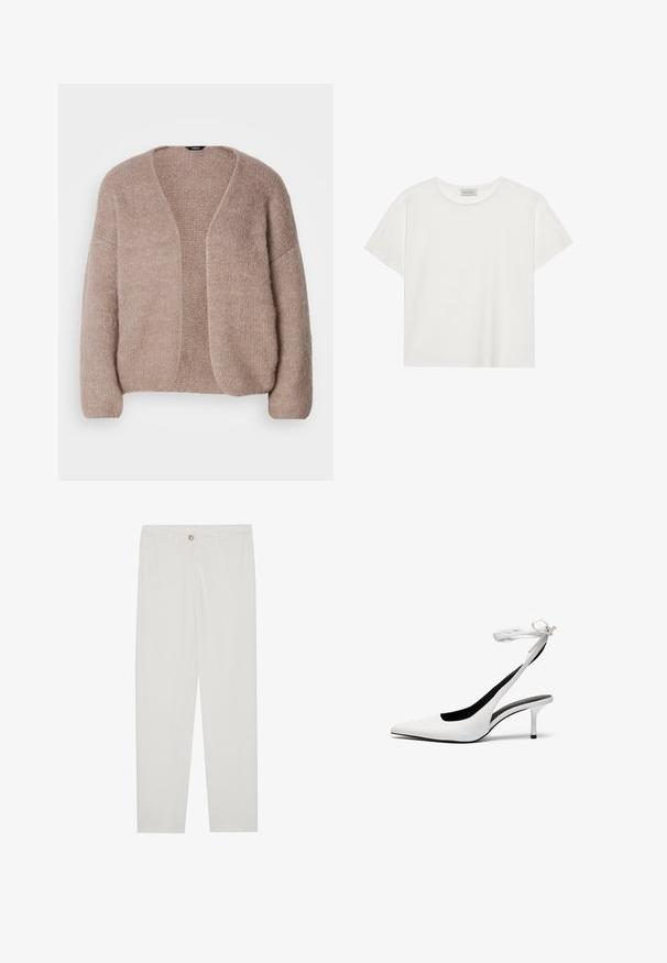 Beige strikket cardigan med V-hals, vide ermer og en åpen frontdesign. Myk tekstur med et litt chunky strikkemønster.; Hvit T-skjorte med kort erm laget av myk bomull. Har rund hals og avslappet passform. Rent design uten synlige mønstre eller aksenter.; Hvite, skreddersydde bukser med rette ben, med knapplukking, beltehemper og sidelommer; glatt tekstur.; Hvite spisse slingback-hæler med tynn ankelrem. Glatt lærmateriale, tynn stiletthæl og svart innvendig foring.