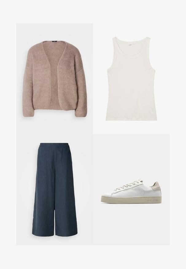 Cardigan en tricot beige avec un col en V, des manches larges et un design ouvert. Texture douce avec un motif de tricot légèrement épais.; Débardeur en coton blanc avec un col large et de fines bretelles. Texture lisse sans motifs ni embellissements visibles.; Pantalons à jambes larges en bleu marine, fabriqués à partir d'un tissu léger. Dotés d'une surface légèrement texturée, d'une taille élastique et de coutures avant.; Sneaker en cuir blanc avec une finition lisse, accents en suède beige, bout arrondi, design à lacets plats et semelle en caoutchouc texturée.
