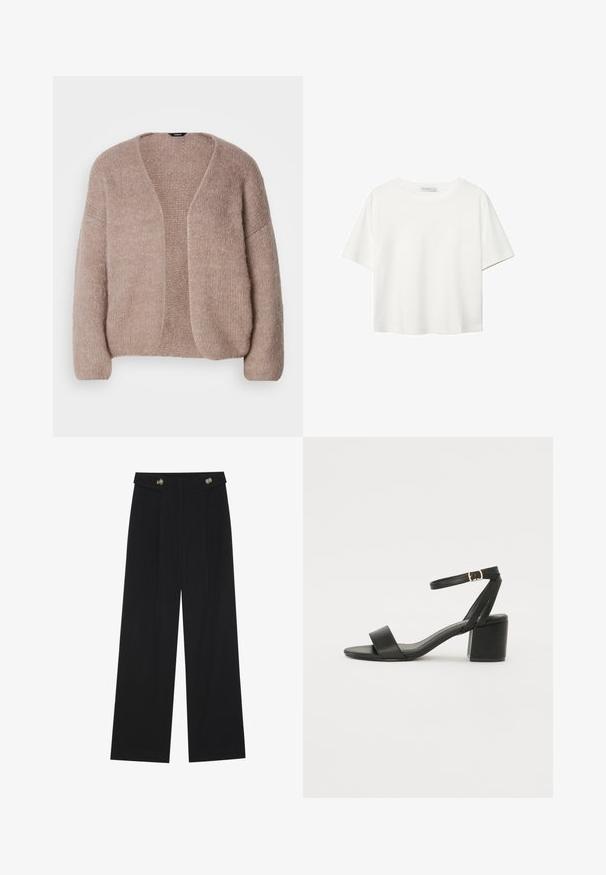 Beige stickad cardigan med V-ringning, vida ärmar och öppen design. Mjuk textur med ett något chunky stickmönster.; Vit t-shirt med kort ärm i bomull. Har en rundad halsringning och en avslappnad passform. Slät textur utan synliga mönster eller detaljer.; Svarta vida byxor med hög midja, knäppdetaljer i midjan och framfickor.; Svart klacksandals med en slät läderöverdel, öppen tå, breda framremmar och justerbart ankelband med en guldfärgad spänne.
