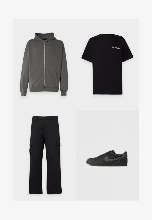 Mörkgrå zip-up hoodie tillverkad av mjukt tyg. Har en framzip, två stora framfickor och en huva med ribbad fåll och muddar.; Svart bomullst-shirt med korta ärmar, rund halsringning och vitt "Carhartt"-logotyp på vänster bröst. Slät textur, minimalistisk design.; Svarta cargobyxor med rak bendesign. Tillverkade av slitstarkt tyg, med två sidofickor med klaffstängningar och knappgylf.; Svarta mockaskor med låg profil, gummiyttersula, strukturerade sidopaneler och tonat Nike swoosh-logotyp. Snörning framtill, vadderad krage.