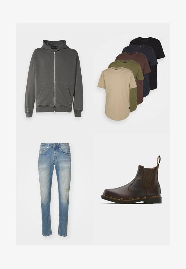 Dark gray zip-up hoodie made of soft fabric. Features a front zipper, two large front pockets, and a hood with a ribbed hem and cuffs.; Five t-shirts arranged in gradient colors: beige, olive, brown, dark blue, and black. Made of soft cotton with short sleeves and round neck.; Light blue denim jeans with faded finish, subtle distressing at knees, straight leg design, five-pocket style, and metal button closure.; Brown leather Chelsea boot with elastic side panels, textured heel, and contrast yellow stitching. Features a pull tab for easy wear.