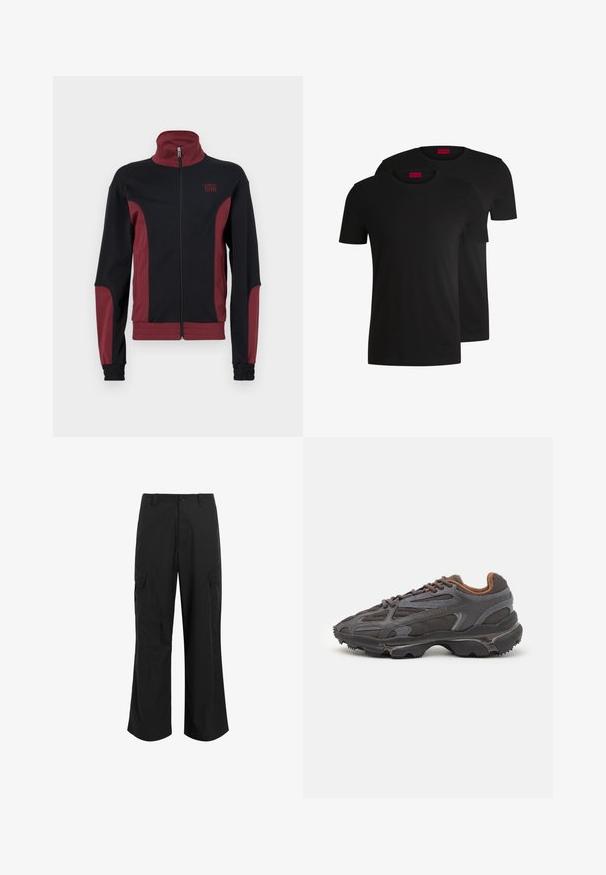 Musta ja tummanpunainen urheilutakki korkealla kauluksella, täysivetoketjulla, tekstuuripinnalla ja joustavilla hihoilla. Rintamuksessa on logo.; Kaksi mustaa puuvillapaitaa lyhyillä hihoilla ja pyöreällä kaula-aukolla. Molemmissa on punainen brändilogo kaula-aukossa. Yksinkertainen, klassinen muotoilu.; Mustat cargo-housut kevyestä kankaasta, rentoa istuvuutta, joissa on kaksi suurta sivutaskua ja nappikiinnitys.; Lacoste-tennar i mörkgrått med nät- och syntetmaterial, med en texturerad sula och bruna accenter på kragen och märket.
