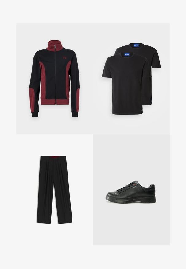 Giacca sportiva nera e bordeaux con colletto alto, zip completa, tessuto testurizzato e polsini elastici. Presenta un logo sul petto.; Due magliette di cotone nere con scollatura rotonda, maniche corte e etichette blu "HUGO" sui colli e sui bordi laterali.; Pantaloni neri a gamba larga con fronte piatto, due tasche laterali, design plissettato e un elastico in vita di colore rosso a contrasto.; Sneaker nera in pelle con superficie testurizzata, collo imbottito e dettaglio logo rosso. Presenta una suola in gomma spessa con un motivo di battistrada distintivo.