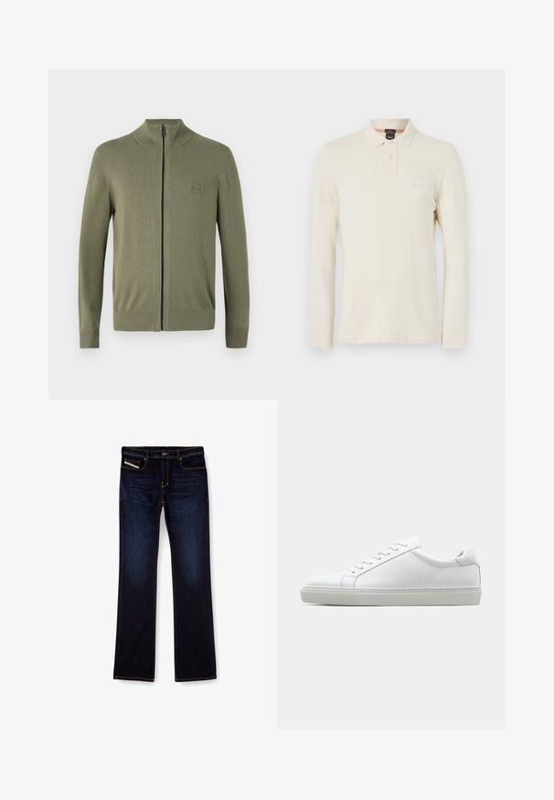 Oliven grønn zip-up genser, laget av mykt strikkemateriale, med høy krage og ribbestrikkede mansjetter og kant. Inkluderer et diskret logomerke.; Langermet polo skjorte i lys beige, laget av glatt stoff, med polo krage, to knappelukking, og en liten logo lapp på brystet.; Mørkeblå denimjeans med rette ben, med oransje sømmer, glidelås og frontlommer. Glatt tekstur og standard linning.; Hvit sneakers med en glatt skinnoverdel og lav profil. Har en rund tå, seks snøring hull, og en teksturert gummisåle.