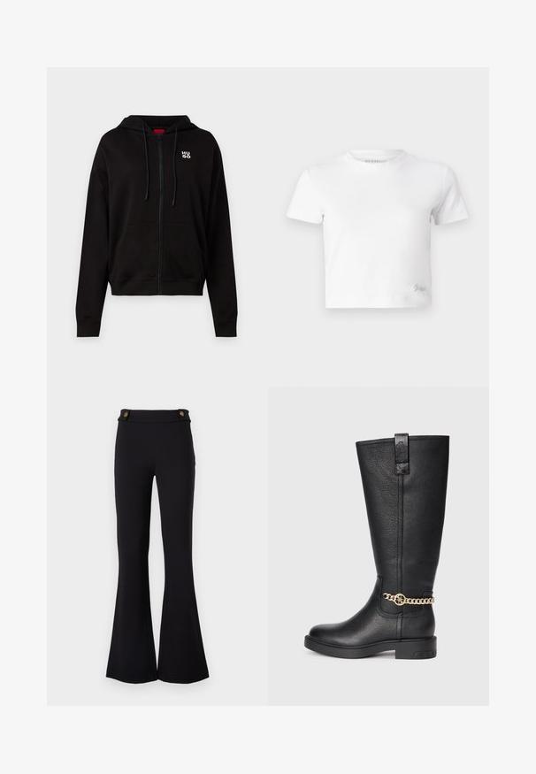Černá zipová mikina vyrobená z měkkého materiálu, s kapucí na šňůrku, předními kapsami a bílým logem na levé hrudi.; Bílý zkrácený tričko z hladké bavlny, s vysokým výstřihem a krátkými rukávy. Malá vyšitá logo v dolním rohu.; Černé rozšířené kalhoty vyrobené z elastického materiálu. Obsahují dva knoflíky v zlatém tónu v pase. Hladký povrch a přiléhavý střih přes boky.; Černé kožené vysoké boty po kolena s texturovaným povrchem, vyznačující se ozdobným zlatým řetízkem a plochou gumovou podrážkou.