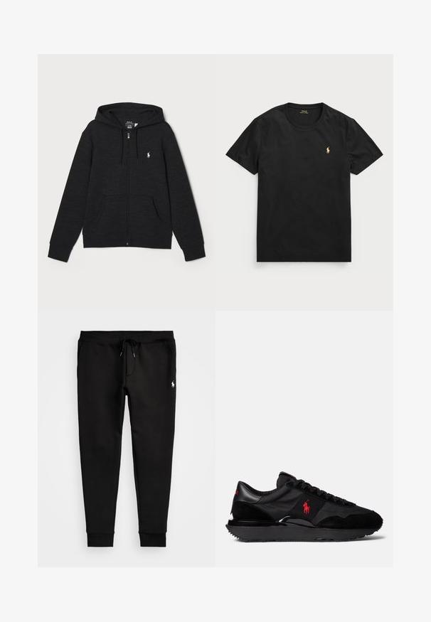Uma hoodie preta com fecho zip, feita de tecido macio, com capuz ajustável, bolsos canguru, punhos canelados e um logotipo branco no peito.; T-shirt preto de manga curta feito de algodão com decote redondo, apresentando um pequeno logo dourado de polo na área do lado esquerdo do peito.; Calças de ganga pretas feitas de tecido macio, com uma cintura ajustável por cordão, punhos ajustados e um pequeno logótipo branco na perna esquerda.; Sapatilhas desportivas pretas com uma combinação de materiais em camurça e têxtil. Destaca-se um logotipo vermelho e uma sola exterior em borracha texturizada.