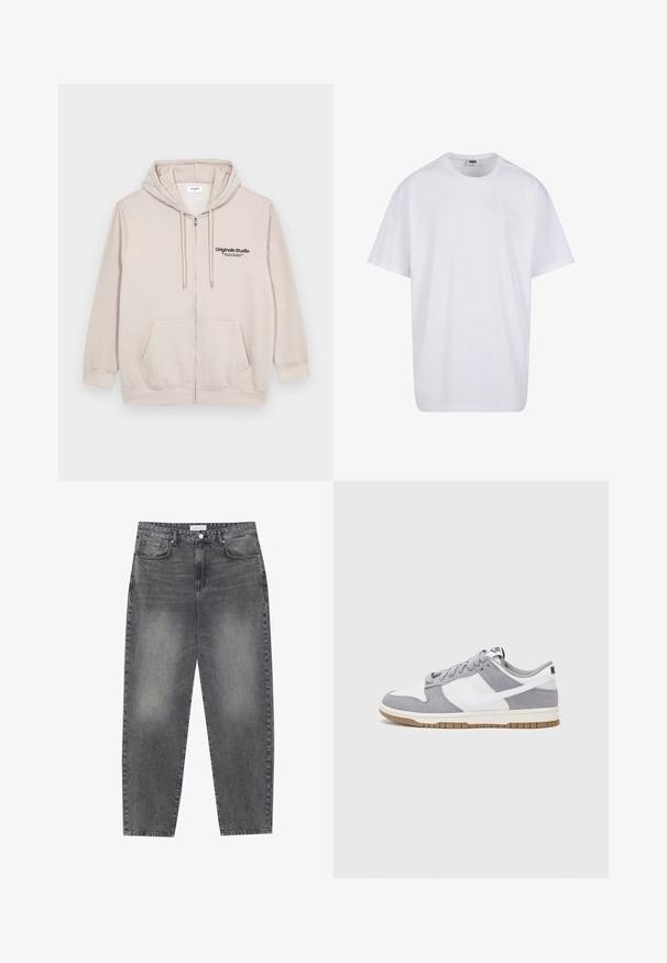 Felpa zip beige chiaro realizzata in materiale morbido, con logo frontale, due tasche laterali e cappuccio con cordino.; Maglietta bianca in cotone con maniche corte, scollatura rotonda, vestibilità comoda e senza loghi o motivi visibili. Texture liscia e design minimale.; Jeans a vita alta, dal taglio ampio in denim nero sbiadito. Presentano cinque tasche, passanti per cintura e un design dritto e pulito.; Sneaker grigia e bianca con tomaia in suede e pelle, punta arrotondata, lacci piatti e soletta in gomma con un accento color caramello.