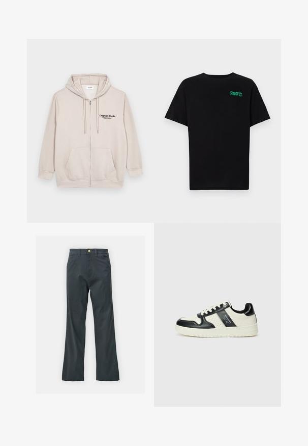 Light beige zip-up hoodie made of soft material, featuring a front logo, two side pockets, and a drawstring hood.; Black t-shirt made of cotton with short sleeves. Features a green "ROOTS" logo on the front, round neckline, and standard fit.; Black pants with a straight leg cut, made from cotton blend fabric. Features a metal button closure and side pockets. No visible patterns.; Leather sneakers with a black and cream color scheme, featuring perforated accents, a padded collar, and a textured outsole.