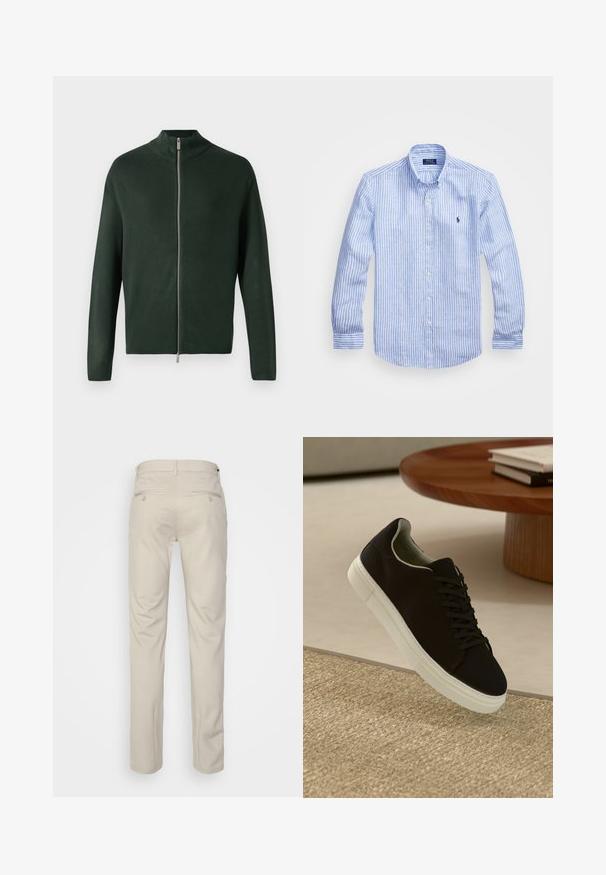 Dark green zip-up sweater with a high collar, made of smooth fabric, featuring a silver zipper and long sleeves. Simple, minimalist design.; Blue and white striped long-sleeve shirt made of cotton, featuring a button-down collar, front buttons, and a small embroidered logo on the chest.; Beige trousers with a smooth texture, straight cut, two back pockets with buttons, and a standard waistband.; Black sneaker with white sole floating above beige textured rug near round wooden table with stacked books.