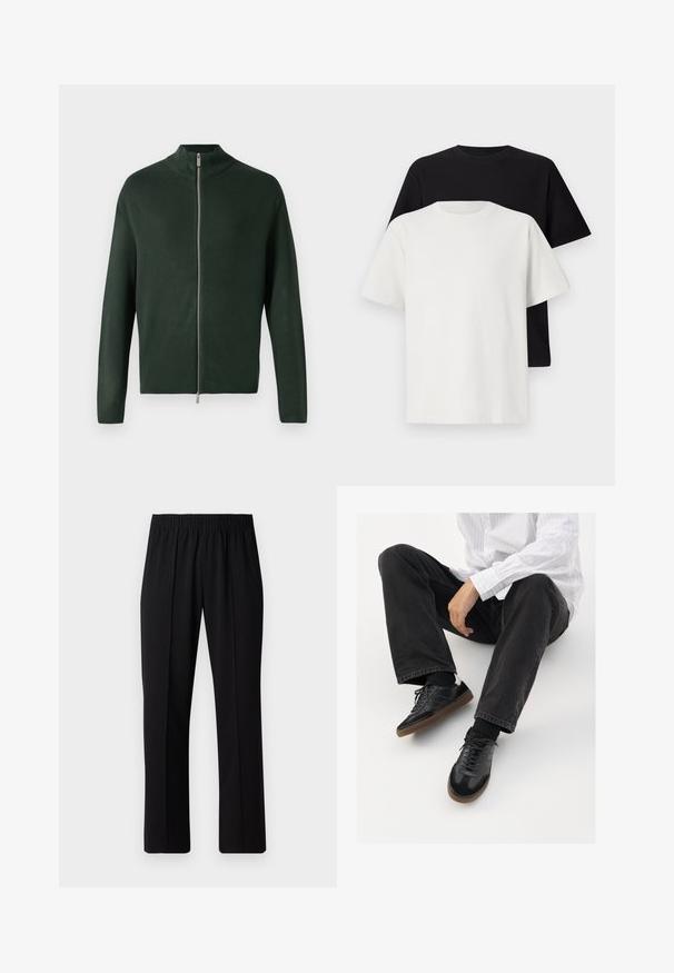 Tume roheline tõmbluku ja kõrge kraega sviiter, mis on valmistatud siledast kangast, sisaldab kiiret hõbedast tõmblukku ja pikki varrukaid. Lihtne, minimalistlik disain.; Puuvillane t-särkide komplekt, mis sisaldab musta ja valget särk, mõlemad lühikeste varrukatega, ümmarguse kaelusega ja standardse lõikega. Tekstuuriga kangas.; Mustad, elastse puusärgid sirge säärega, mis on sileda tekstuuriga ja ilma nähtavate mustrite või riistadega.; Mustad spordijalatsid siledast ja tekstuurilisest ülemisest osast, millel on kummist tald ja tumedad nöörid. Kombineeritud mustade teksade ja valge triibulise särgiga.