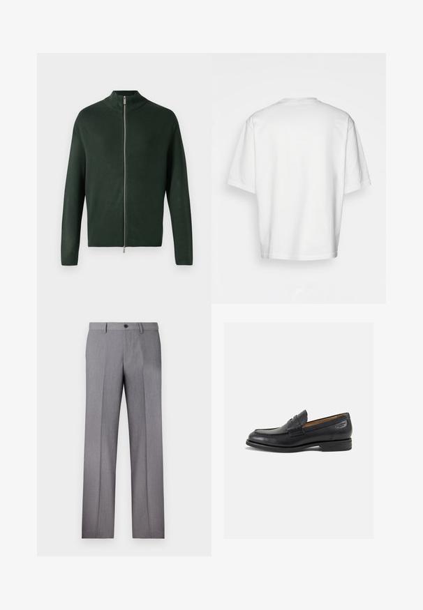 Σκούρο πράσινο φλις με φερμουάρ και ψηλό γιακά, κατασκευασμένο από λεία ύφανση, με ασημί φερμουάρ και μακριά μανίκια. Απλός, μινιμαλιστικός σχεδιασμός.; Λευκό κοντομάνικο μπλουζάκι, χαλαρή εφαρμογή, στρογγυλή λαιμόκοψη, απαλό βαμβακερό ύφασμα, χωρίς διακοσμητικά στην πλάτη, ίσια γραμμή στο κάτω μέρος, χωρίς σχέδια ή αξεσουάρ.; Γκρι προσαρμοσμένο παντελόνι με επίπεδο μπροστινό μέρος, δύο πλαϊνές τσέπες και κλείσιμο με ένα κουμπί. Λείος υφασμάτινος ιστός με διακριτό σχέδιο ρίγας.; Μαύρα δερμάτινα loafers με λείο φινίρισμα, στρογγυλή μύτη και διακοσμητική ραφή στη μπροστινή πλευρά. Χαμηλός σωρός και ελαφριά γυαλάδα.