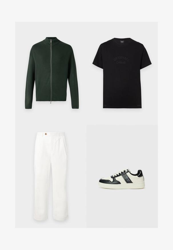 Sötétzöld, cipzáros pulóver magas gallérral, sima anyagból készült, ezüst cipzárral és hosszú ujjakkal. Egyszerű, minimalista dizájn.; Fekete pamut póló rövid ujjakkal és kerek nyakkivágással. Az elején tónusos betűkkel a "ORIGINALS Studio" felirat látható.; Fehér pamut nadrág, egyenes szabással, két elülső plissével, egy gombos záródással és oldalsó zsebekkel. Sima textúra.; Fekete és krém színű bőrsneaker, perforált díszítésekkel, párnázott bokapánttal és texturált talppal.