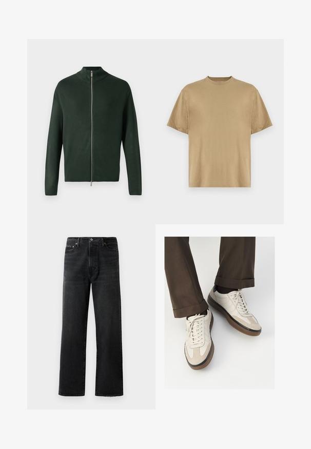 Tamnozeleni dukserica sa zatvaračem, visokog ovratnika, izrađena od glatkog materijala, s dnevnim srebrnim zatvaračem i dugim rukavima. Jednostavan, minimalistički dizajn.; Khaki majica s kratkim rukavima izrađena od mekog materijala, s okruglim izrezom i ležernim krojem. Nema vidljivih uzoraka ni grafika.; Crne traperice ravnog kroja, izrađene od denima. Imaju gumb i zatvarač, bakrene detalje i blago strgane rubove na dnu.; Bež tenisice s teksturiranom nubuk prednjom stranom, glatkim kožnim bočnim stranama i smešnim gumenim potplatom. Uključene su vezice i lagani detalji šivanja.