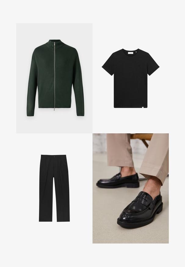 Sötétzöld, cipzáros pulóver magas gallérral, sima anyagból készült, ezüst cipzárral és hosszú ujjakkal. Egyszerű, minimalista dizájn.; Fekete rövid ujjú pamut póló, kerek nyakkal és egy kis géppel hímzett logóval a mellrészen. Sima tapintás, szabványos illeszkedés.; Fekete nadrág egyenes szárú kialakítással, sima anyagból készült. Elöl redők és egy gombos záródás található a derékon.; Fekete bőr loaferek sima felülettel, díszítő pánttal és kontrasztos varrással, bézs nadrággal párosítva.