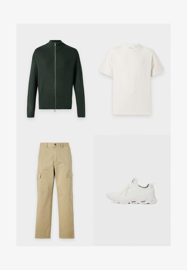 Mörkgrön zip-up tröja med hög krage, tillverkad av glatt tyg, med en silverdragkedja och lång ärm. Enkel, minimalistisk design.; Vit t-shirt med kort ärm i ribbad struktur. Rund halsringning, löst sittande passform, inga synliga mönster eller detaljer. Enkelt och mångsidigt design.; Beige cargobyxor i bomull, med två sidofickor, knappstängning och raka ben i ett något texturerat tyg.; Vitaidande sportskor i vitt med en texturerad stickad ovandel, platta snören och en vadderad sula med synliga luftkammare för extra stöd.