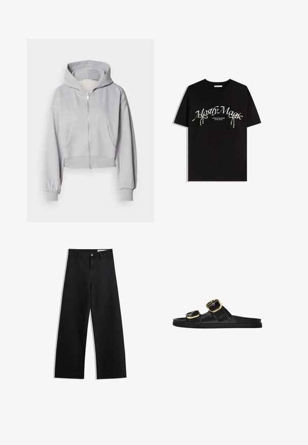 Skraćena siva dukserica od mekog materijala, s prednjim zatvaračem, velikom kapuljačom i dva prednja džepa sa elastikom na rukavima.; Crna pamučna majica s natpisom "Većinom Magično" u bijeloj boji, ukrašena dekorativnim bisernim akcentima. Kratki rukavi, ležeran kroj, okrugli izrez.; Crne široke traperice s visokim strukom, s prednjim i stražnjim džepovima, šivenim šavovima i kopčanjem na gumb. Glatka tekstura.; Crne sandale na klizanje s dva zlatna akcenta u obliku kopči, glatkog teksturiranog materijala, ravnim potplatom i minimalističkim dizajnom.
