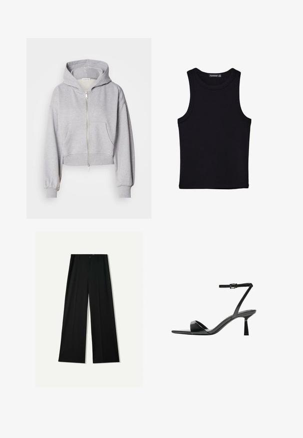 Skraćena siva dukserica od mekog materijala, s prednjim zatvaračem, velikom kapuljačom i dva prednja džepa sa elastikom na rukavima.; Crni top bez rukava od pamuka, s okruglim izrezom i širokim izrezima za ruke. Glatka tekstura s ušivenim rubovima. Klasičan, minimalistički dizajn.; Bershka WIDE - Hlače - black; Bershka Sandale s visokom petom - black